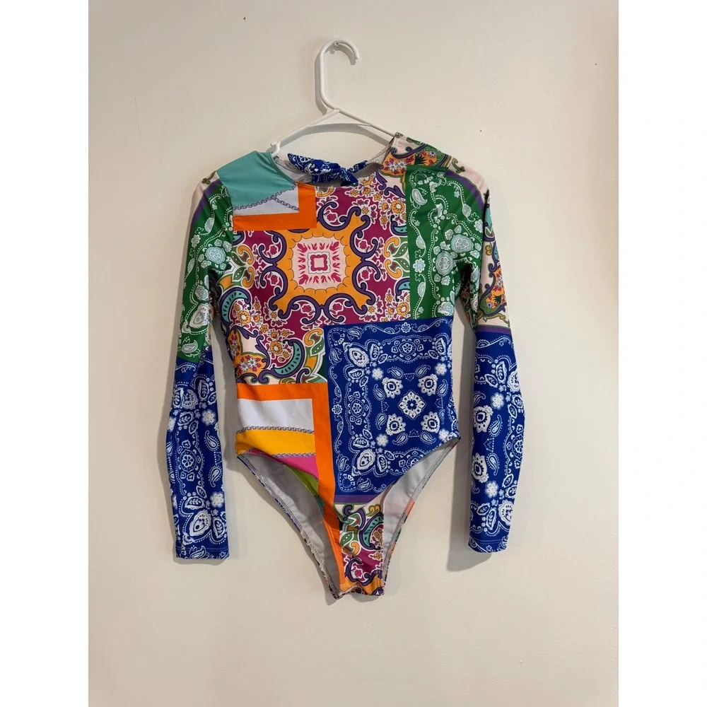 High neck Patchwork Paisley Long Sleeve‎ Swimsuit Womens S Cutout back swimwear